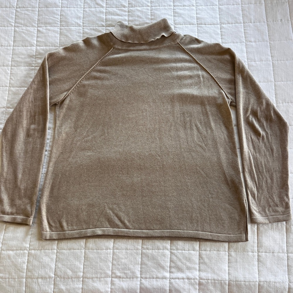 Jeanne Pierre Tan Beige 100% Cotton Turtleneck Raglan Sweater Large